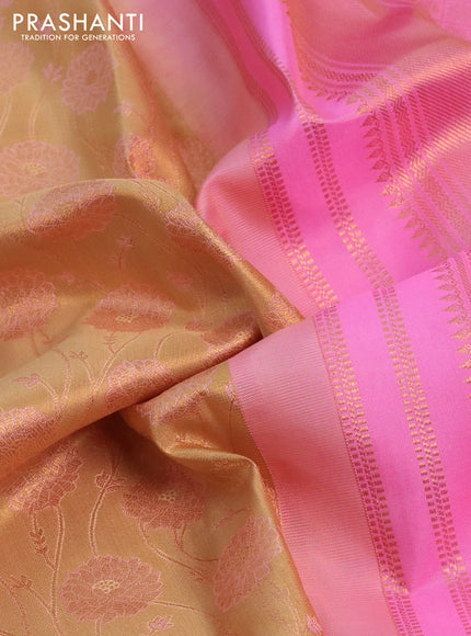 Pure kanchipuram tissue silk saree sandal and candy pink with allover zari woven floral weaves and zari woven border