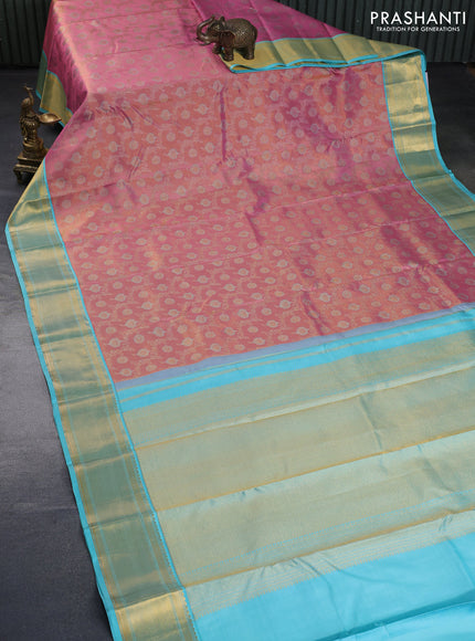 Pure kanchipuram tissue silk saree pink shade and teal blue with allover zari woven floral weaves and zari woven border