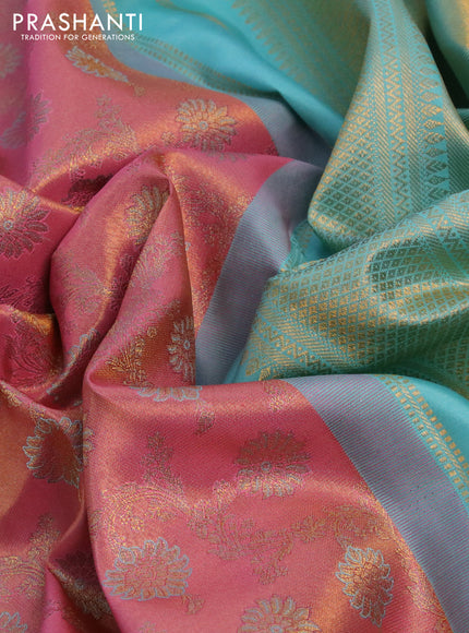 Pure kanchipuram tissue silk saree pink shade and teal blue with allover zari woven floral weaves and zari woven border