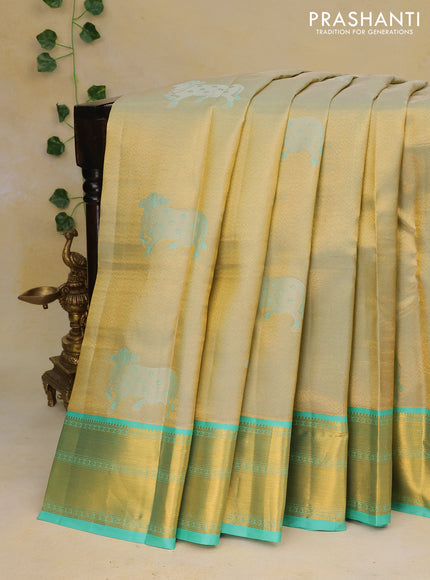 Pure kanchipuram tissue silk saree teal blue shade with zari weaves and zari woven border