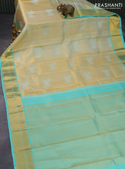 Pure kanchipuram tissue silk saree teal blue shade with zari weaves and zari woven border