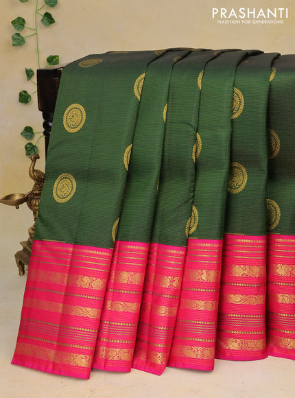 Pure kanchipuram silk saree green and pink with allover zari weaves & buttas and long zari woven border