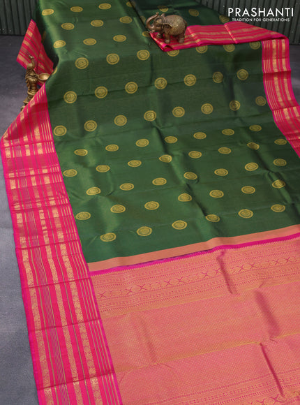 Pure kanchipuram silk saree green and pink with allover zari weaves & buttas and long zari woven border