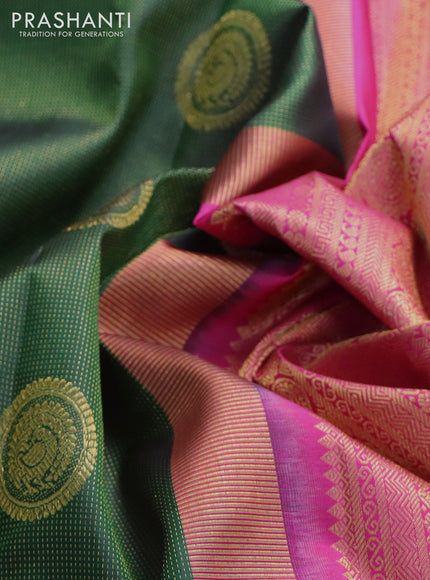 Pure kanchipuram silk saree green and pink with allover zari weaves & buttas and long zari woven border