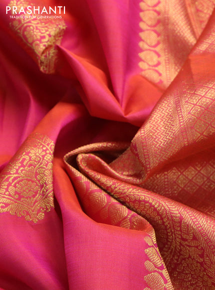 Pure kanchipuram silk saree dual shade of pinkish orange with zari woven buttas and zari woven border