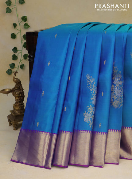 Pure kanchipuram silk saree cs blue and purple with zari woven floral buttas and zari woven border