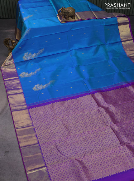 Pure kanchipuram silk saree cs blue and purple with zari woven floral buttas and zari woven border