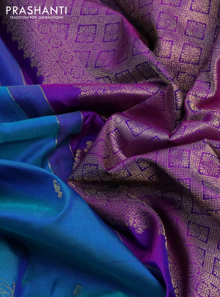 Pure kanchipuram silk saree cs blue and purple with zari woven floral buttas and zari woven border