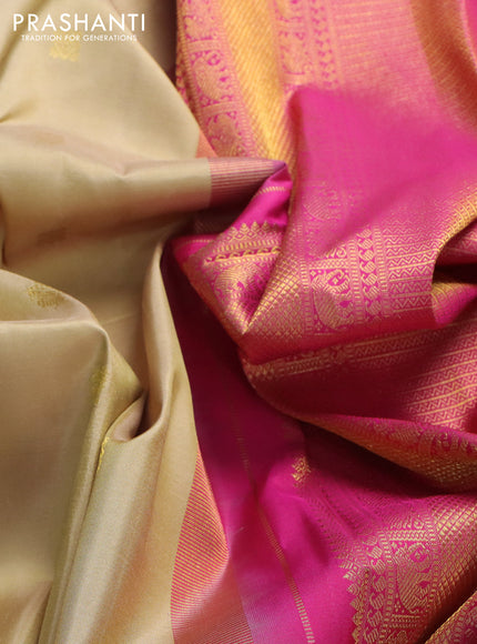 Pure kanchipuram silk saree sandal and pink with zari woven buttas and zari woven border