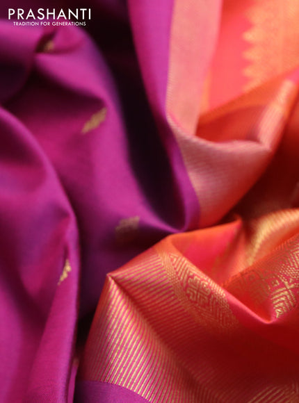 Pure kanchipuram silk saree purple and orange with zari woven buttas and zari woven border