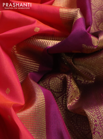 Pure kanchipuram silk saree dual shade of pinkish orange and purple with zari woven buttas and zari woven border