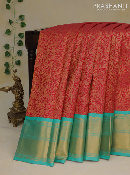 Pure kanchipuram silk saree red and teal blue with allover zari woven brocade weaves and zari woven border