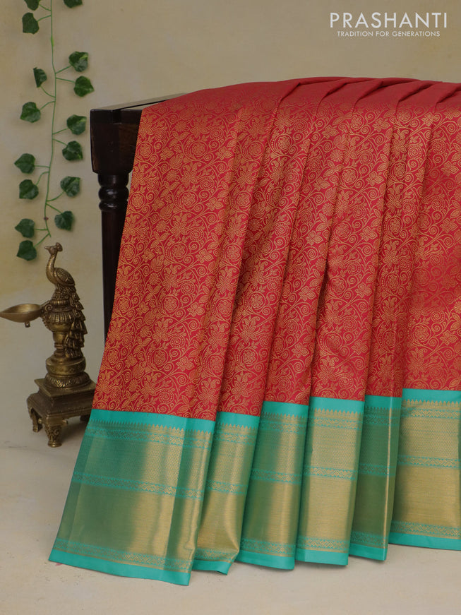 Pure kanchipuram silk saree red and teal blue with allover zari woven brocade weaves and zari woven border