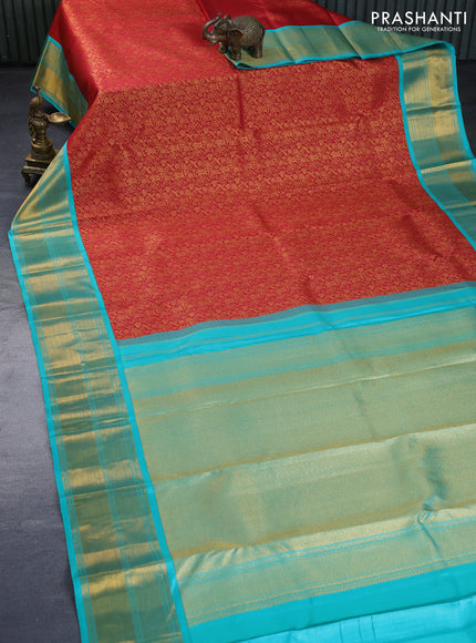 Pure kanchipuram silk saree red and teal blue with allover zari woven brocade weaves and zari woven border