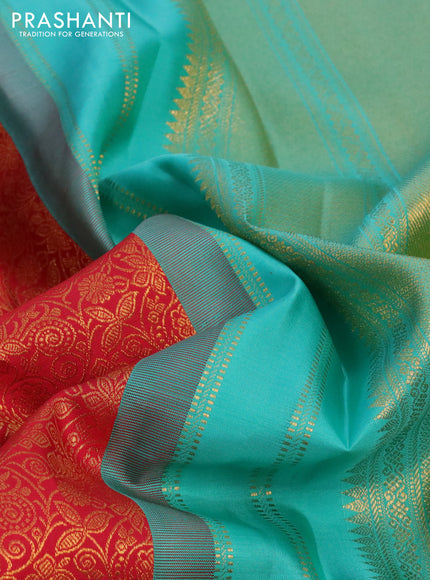 Pure kanchipuram silk saree red and teal blue with allover zari woven brocade weaves and zari woven border