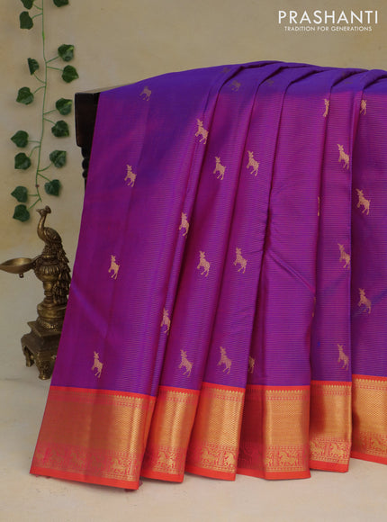 Pure kanchipuram silk saree purple and orange with allover zari weaves & buttas and zari woven border