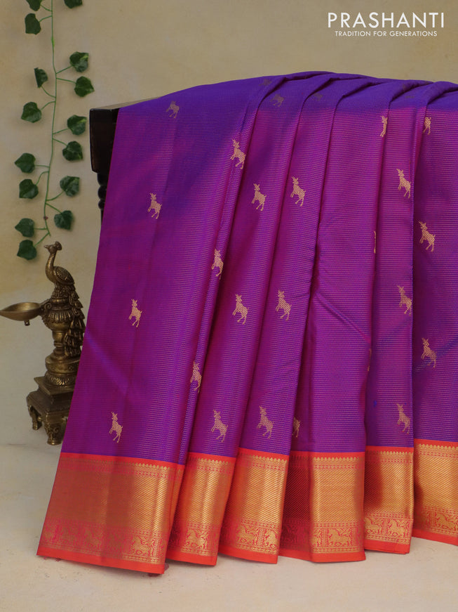 Pure kanchipuram silk saree purple and orange with allover zari weaves & buttas and zari woven border