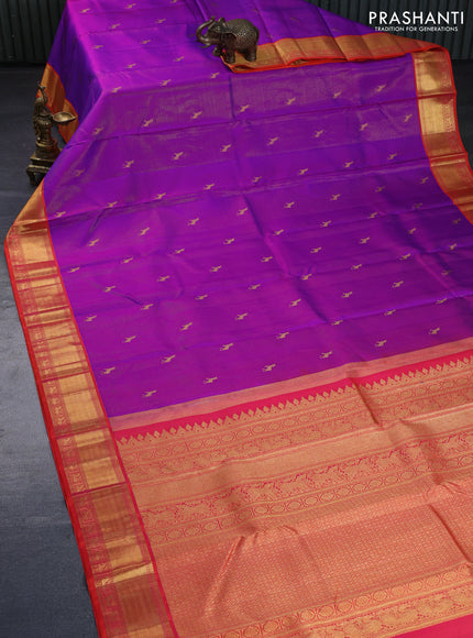 Pure kanchipuram silk saree purple and orange with allover zari weaves & buttas and zari woven border