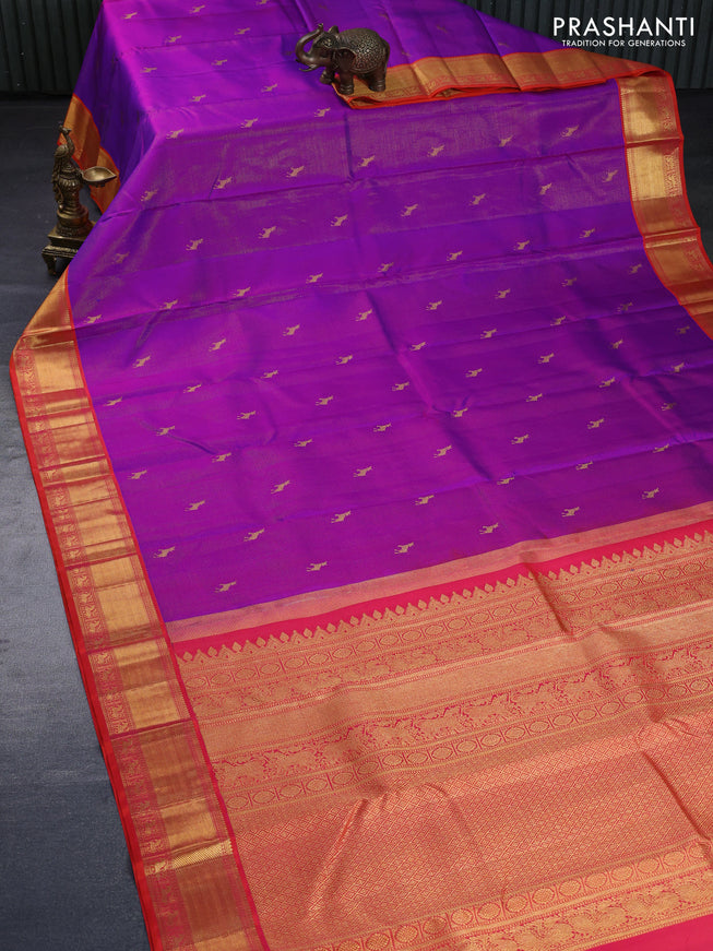 Pure kanchipuram silk saree purple and orange with allover zari weaves & buttas and zari woven border