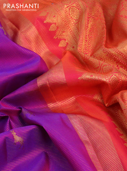 Pure kanchipuram silk saree purple and orange with allover zari weaves & buttas and zari woven border