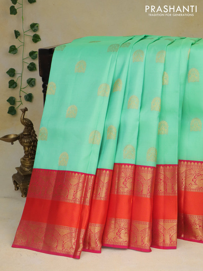 Pure kanchipuram silk saree teal green and pink with zari woven buttas and zari woven border