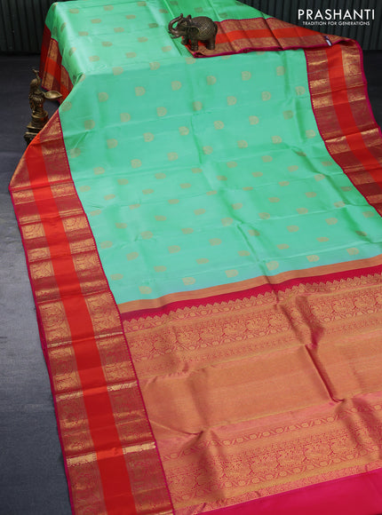 Pure kanchipuram silk saree teal green and pink with zari woven buttas and zari woven border