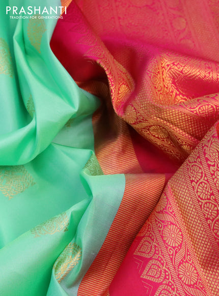 Pure kanchipuram silk saree teal green and pink with zari woven buttas and zari woven border