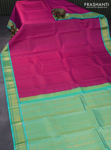 Pure kanchipuram silk saree pink and teal blue with allover zari checks & self emboss and zari woven border