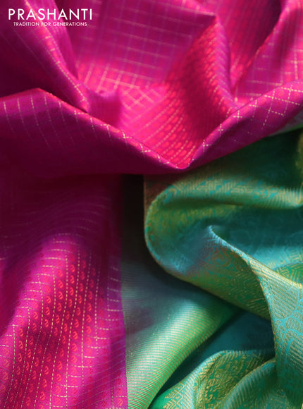 Pure kanchipuram silk saree pink and teal blue with allover zari checks & self emboss and zari woven border