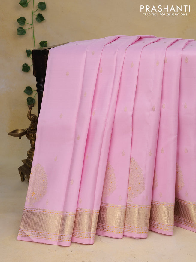 Pure kanchipuram silk saree light pink with zari woven buttas and zari woven border