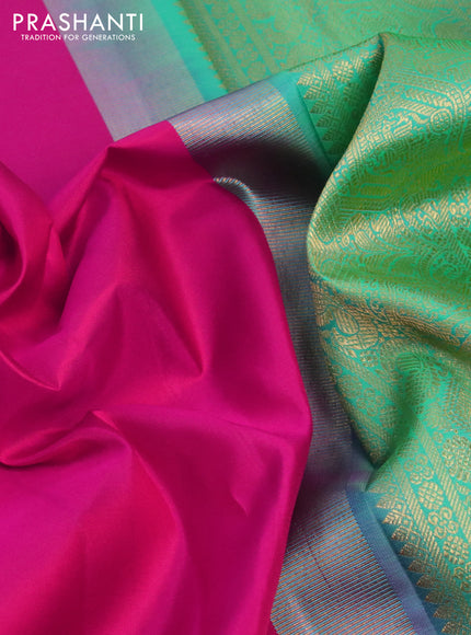 Pure kanchipuram silk saree pink and teal green with plain body and zari woven border