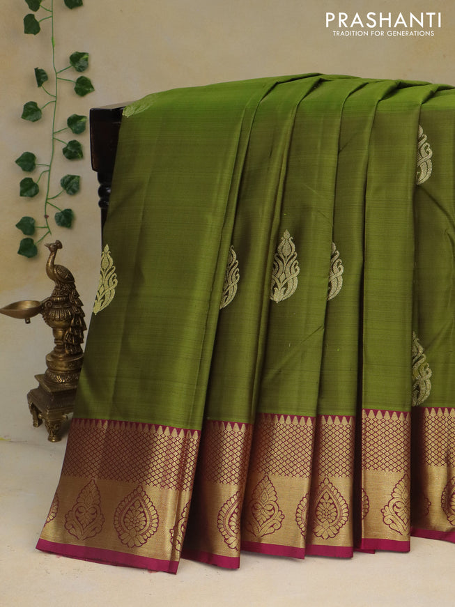 Pure kanchipuram silk saree mehendi green and magenta pink with zari woven buttas and zari woven border