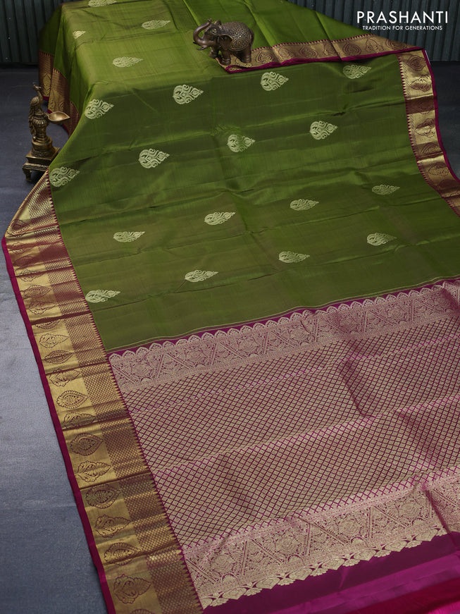 Pure kanchipuram silk saree mehendi green and magenta pink with zari woven buttas and zari woven border