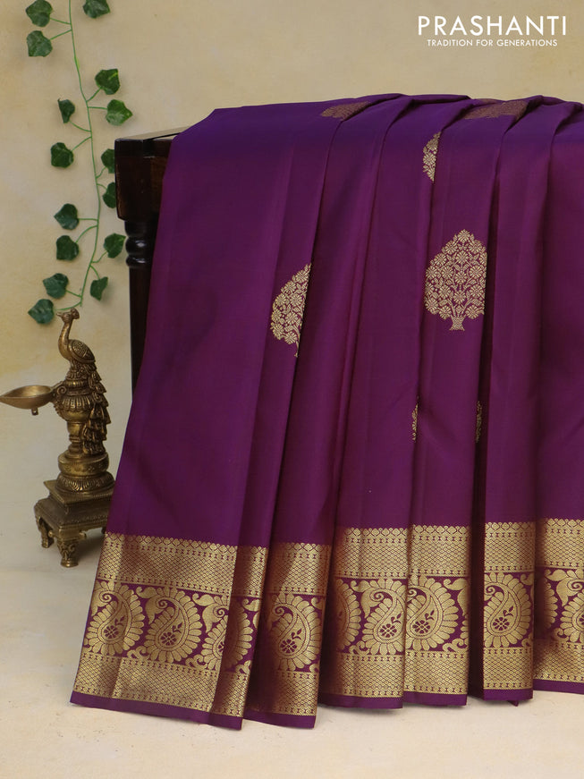 Pure kanchipuram silk saree deep purple with zari woven buttas and paisley zari woven border