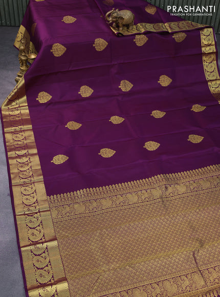 Pure kanchipuram silk saree deep purple with zari woven buttas and paisley zari woven border