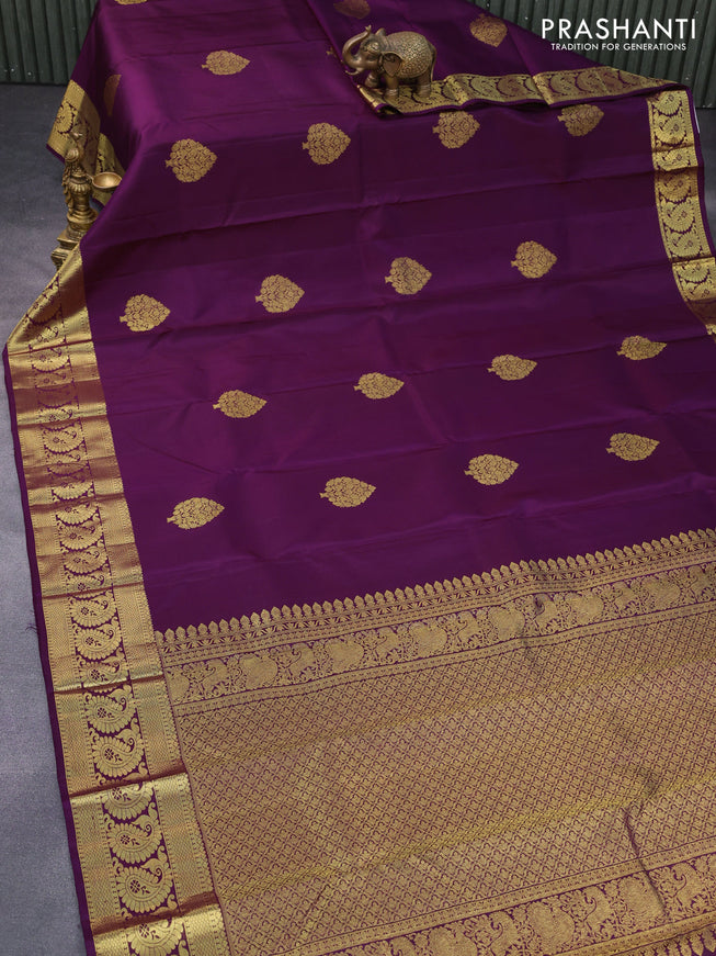 Pure kanchipuram silk saree deep purple with zari woven buttas and paisley zari woven border