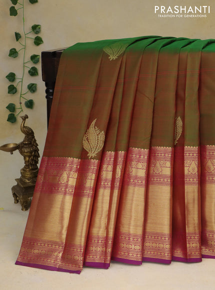 Pure kanchipuram silk saree manthulir green and purple with zari woven buttas and long zari woven border