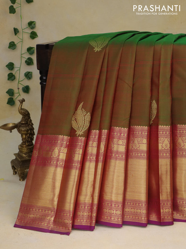 Pure kanchipuram silk saree manthulir green and purple with zari woven buttas and long zari woven border