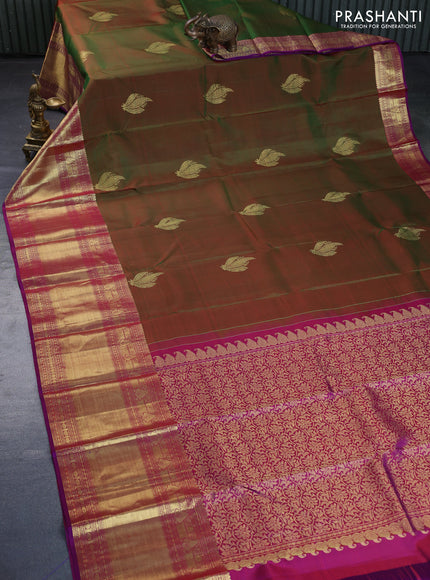 Pure kanchipuram silk saree manthulir green and purple with zari woven buttas and long zari woven border