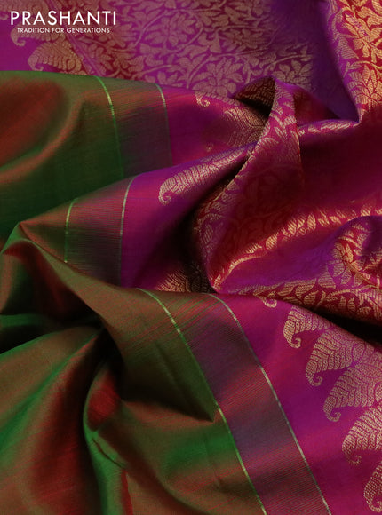 Pure kanchipuram silk saree manthulir green and purple with zari woven buttas and long zari woven border