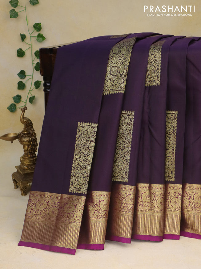 Pure kanchipuram silk saree deep jamun shade and magenta pink with zari woven box type buttas and zari woven border