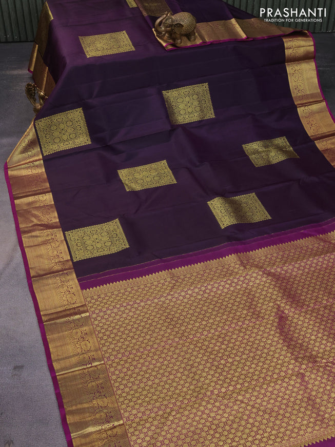 Pure kanchipuram silk saree deep jamun shade and magenta pink with zari woven box type buttas and zari woven border