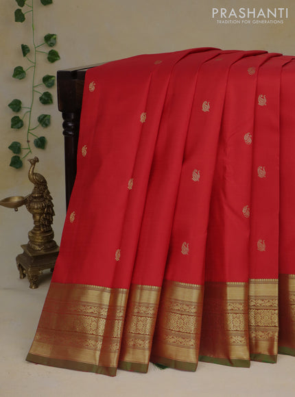 Pure kanchipuram silk saree red and green with zari woven buttas and zari woven border