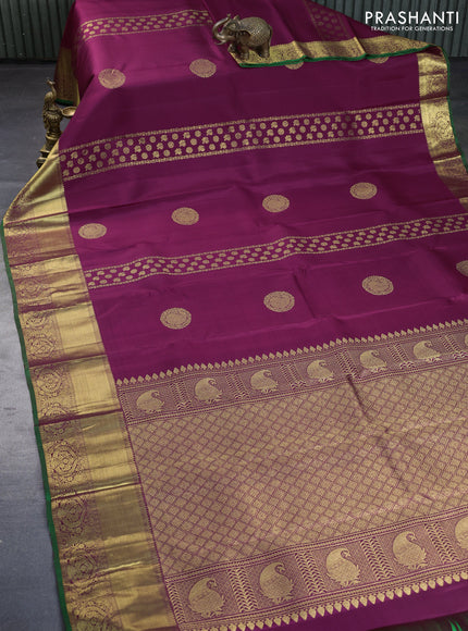 Pure kanchipuram silk saree wine shade and green with allover zari weaves and zari woven border