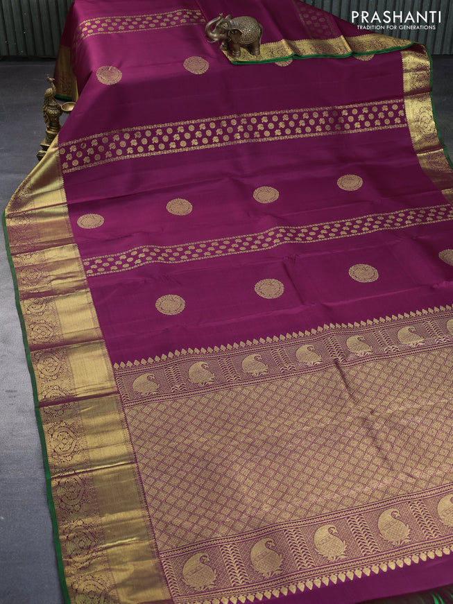 Pure kanchipuram silk saree wine shade and green with allover zari weaves and zari woven border