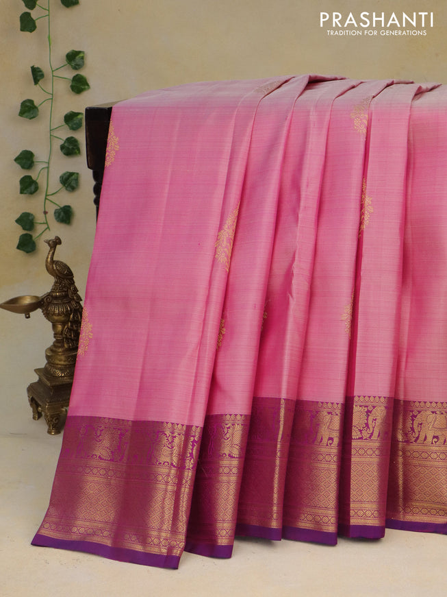 Pure kanchipuram silk saree light pink and purple with zari woven buttas and zari woven border