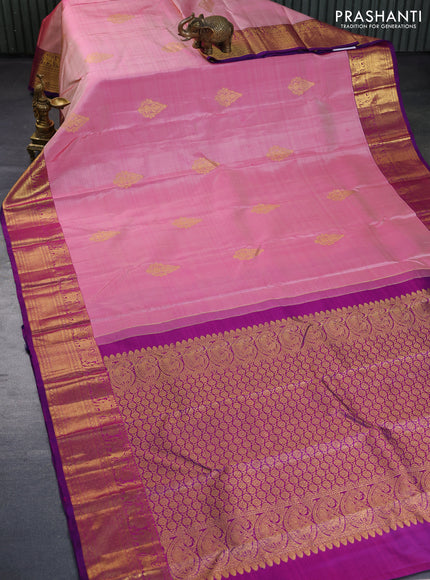 Pure kanchipuram silk saree light pink and purple with zari woven buttas and zari woven border