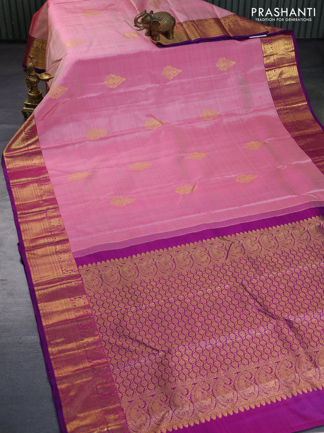 Pure kanchipuram silk saree light pink and purple with zari woven buttas and zari woven border