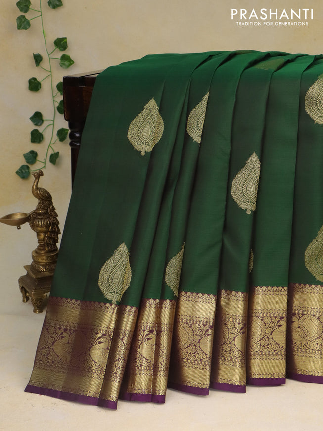 Pure kanchipuram silk saree green and violet with zari woven buttas and annam zari woven border