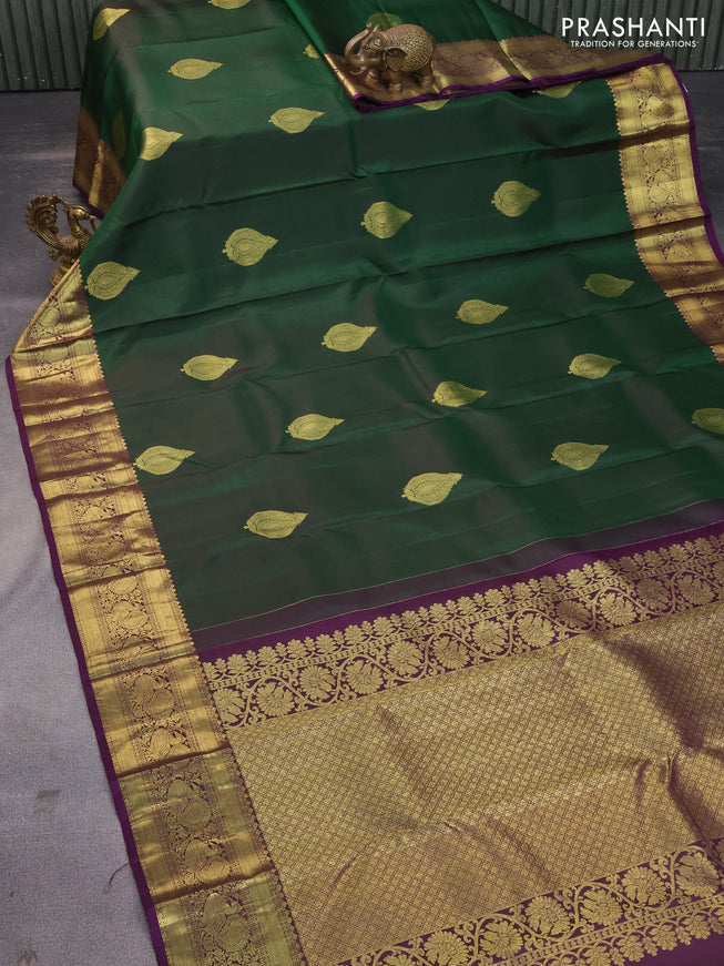 Pure kanchipuram silk saree green and violet with zari woven buttas and annam zari woven border